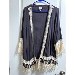Knox Rose Kimono Womens L Gray Cream Crochet Fringe Boho Festival Hippie